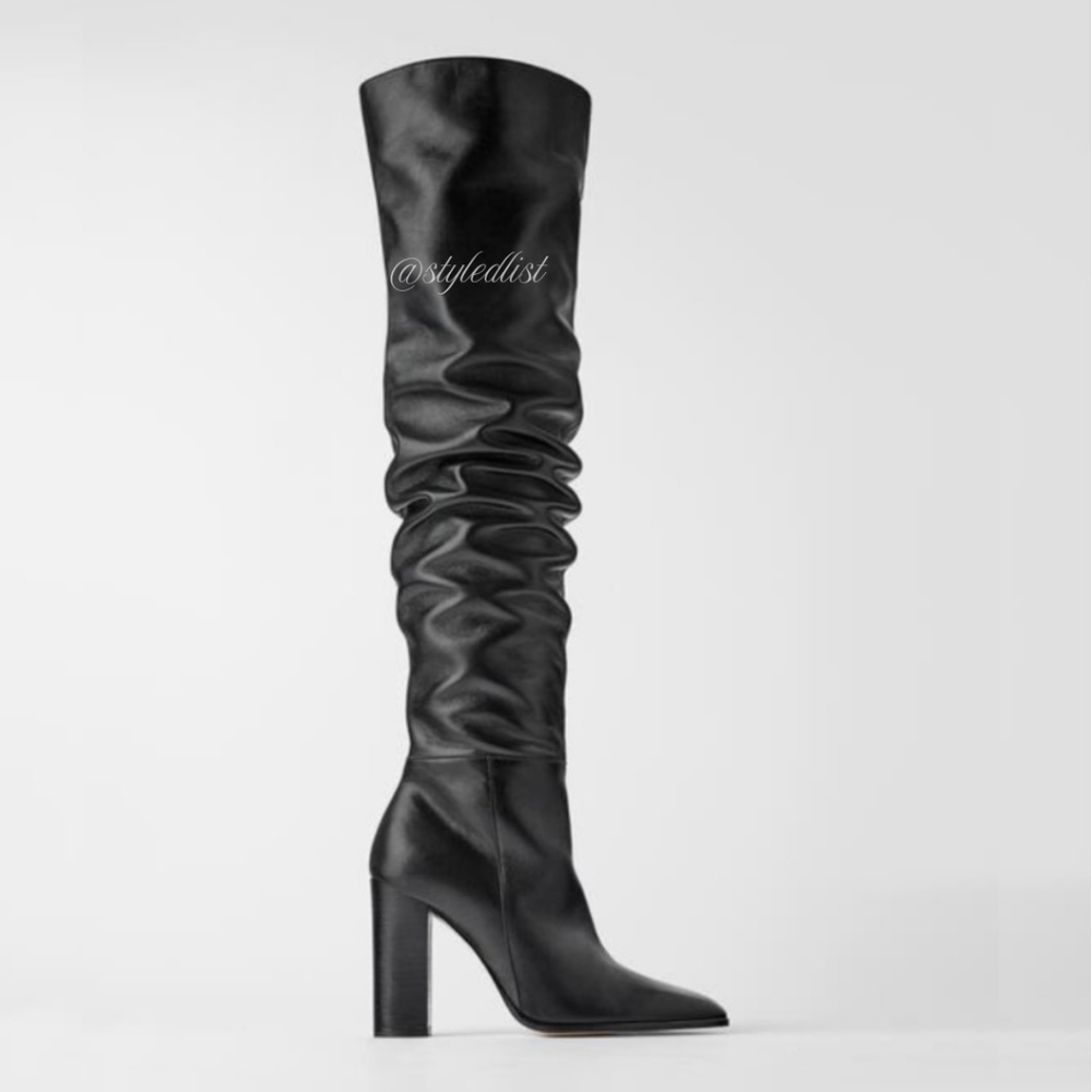 NEW Zara Over the Knee Heeled Leather Boots Black 37/7 NWT